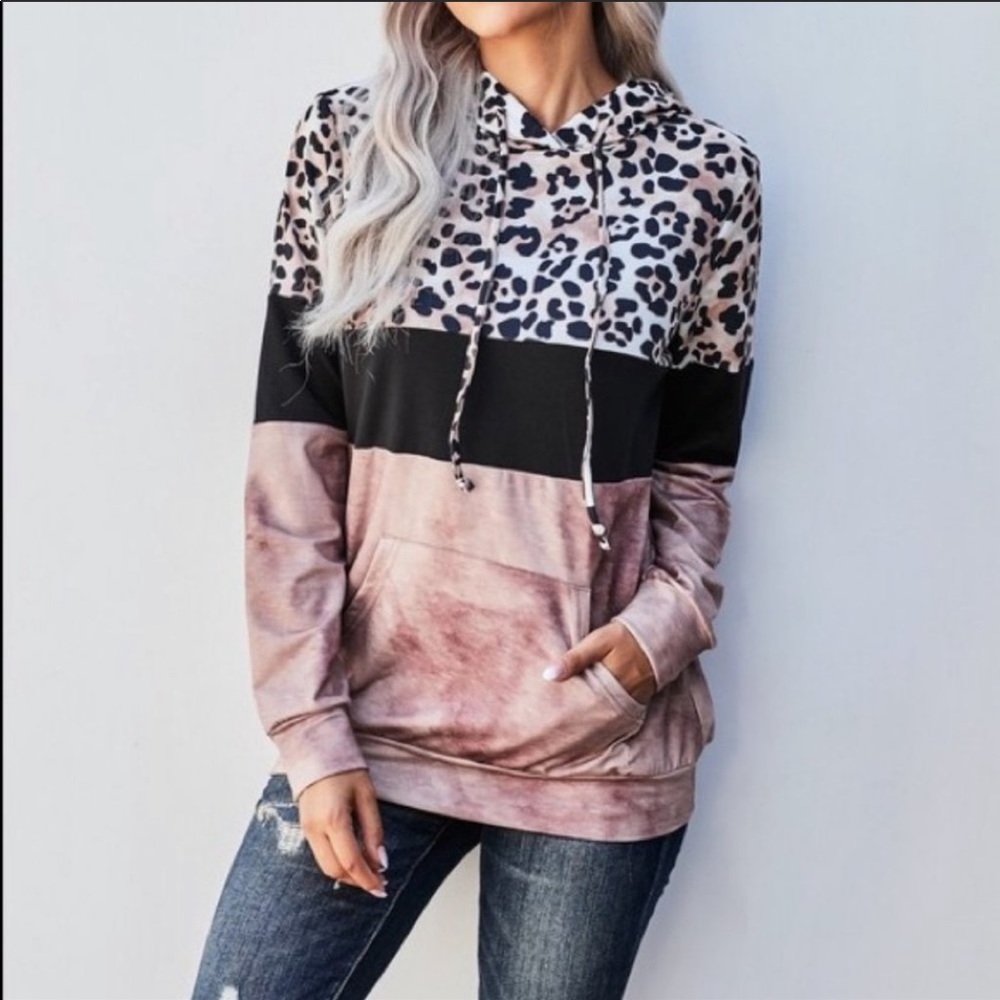 Colorblock leopard print hoodie brown mauve black - Picture 2 of 4